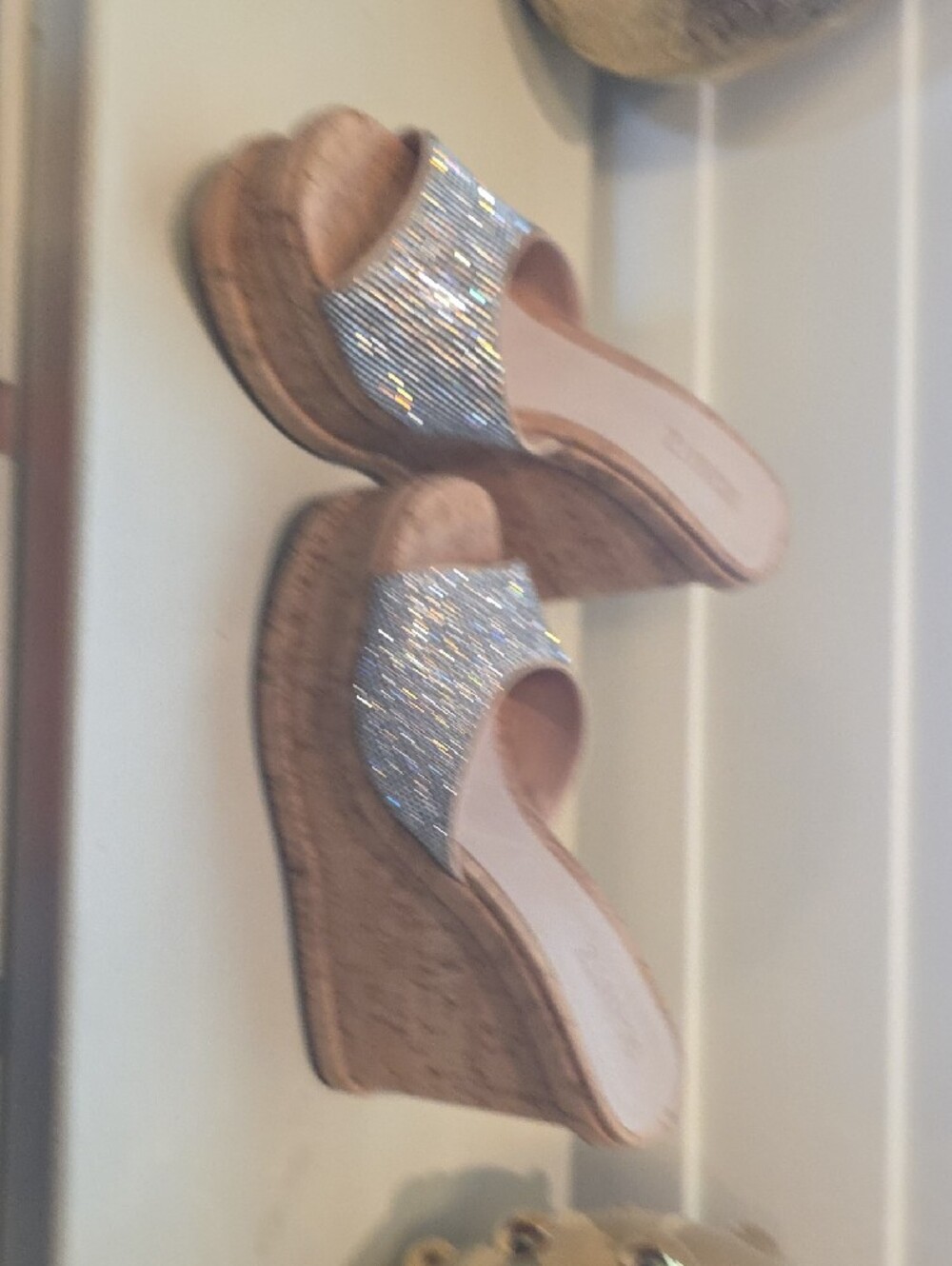 New With Flaws SCHUTZ Silver Rhinestone Cork Platform Slide Sandals - Picture 6 of 10
